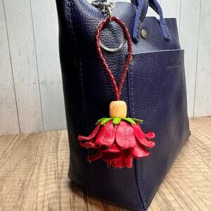 Leather Red Flower Purse Charm Genuine Leather Rose Bag Charm NEW FAST SHIP